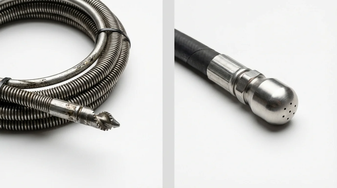 Drain snake cable and hydro jetting nozzle used for drain cleaning in Madison, ME