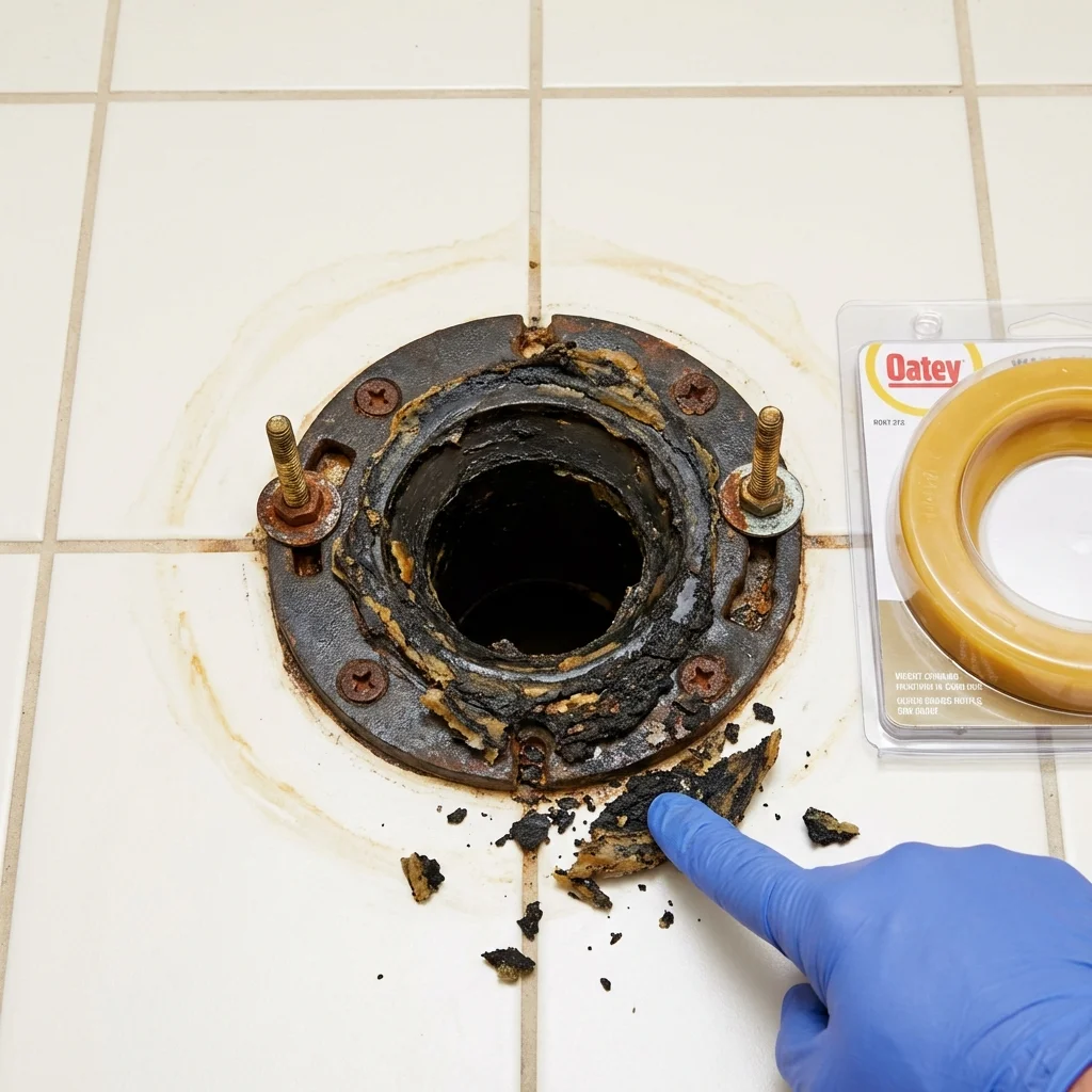 Failed wax ring showing water seepage at the base of a toilet in a Madison, ME home