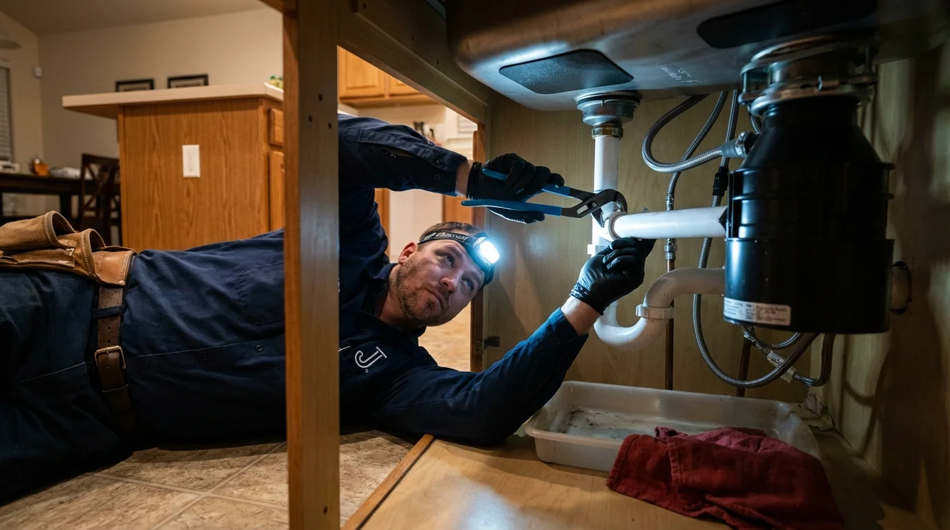 P-trap and supply line connections under a kitchen sink showing a common leak point in Madison, ME